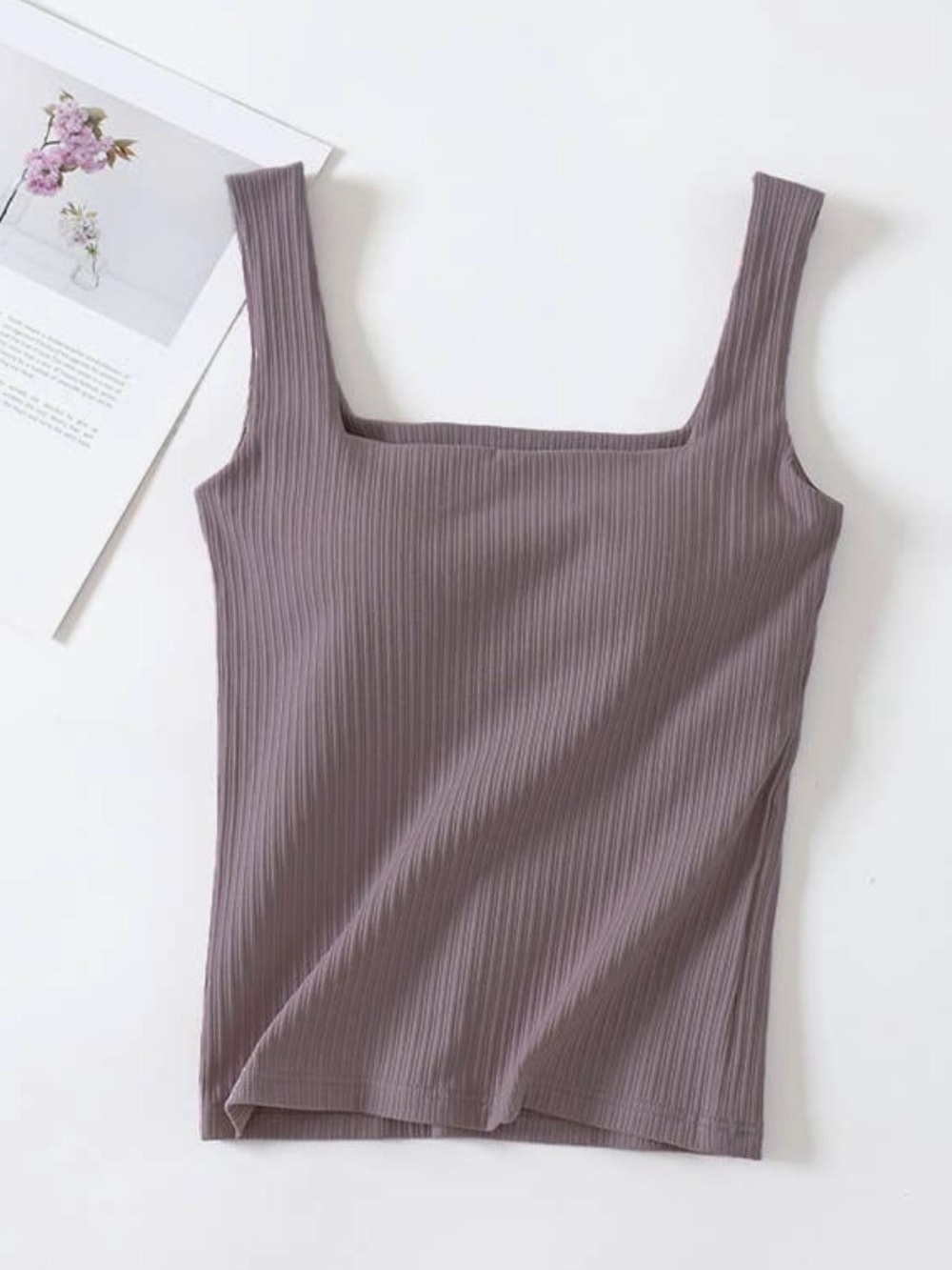 Ribbed Square-Neck Tank Top in Dusty Mauve